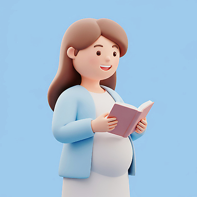 JPG 편집이미지 여자 하늘색 3D캐릭터 한명 미소 들기 상반신 성인 책 3D 임산부 성인여자한명만 편집3D AI컴퓨터그래픽 AI콘텐츠 캐릭터 1 모션 표정 사람 파란색 임신 디지털합성 여자한명만 성인여자만 파일형식