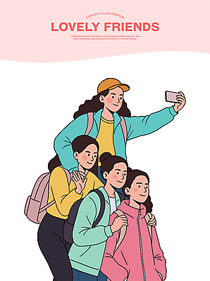 여자 일러스트 미소 들기 여러명 상반신 성인 친구 스마트폰 손들기 귀여움 셀프카메라 백팩 캡모자 성인여자만 어깨에손 국내일러스트 AI파일 모자_잡화 다수 컨셉 가방 관계 모션 표정 사람 핸드폰 스마트기기 사진촬영 여자만 성인만 파일형식 벡터