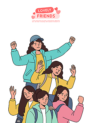 여자 일러스트 미소 여러명 상반신 성인 친구 손들기 귀여움 파이팅 만세 백팩 캡모자 성인여자만 어깨에손 국내일러스트 AI파일 모자_잡화 다수 컨셉 가방 관계 모션 표정 사람 여자만 성인만 파일형식 벡터