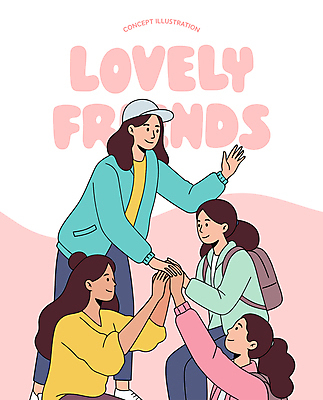 전신 여자 일러스트 미소 여러명 상반신 성인 친구 손들기 귀여움 백팩 손모으기 캡모자 성인여자만 어깨에손 국내일러스트 AI파일 모자_잡화 다수 컨셉 가방 관계 모션 표정 사람 손짓 여자만 성인만 파일형식 벡터