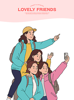 전신 여자 일러스트 미소 들기 여러명 상반신 성인 친구 스마트폰 손들기 귀여움 가리킴 업기 백팩 캡모자 성인여자만 어깨에손 국내일러스트 AI파일 모자_잡화 다수 컨셉 가방 관계 모션 표정 사람 손짓 핸드폰 스마트기기 여자만 성인만 파일형식 벡터