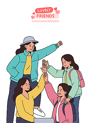 전신 여자 일러스트 미소 여러명 상반신 성인 친구 손들기 귀여움 주먹 주머니손 백팩 다리들기 챙모자 성인여자만 어깨에손 국내일러스트 AI파일 모자_잡화 다수 컨셉 가방 관계 모션 표정 사람 여자만 성인만 파일형식 벡터