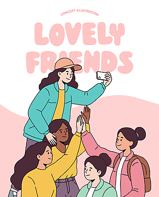 전신 여자 일러스트 미소 들기 여러명 상반신 성인 친구 스마트폰 손들기 귀여움 백팩 캡모자 성인여자만 국내일러스트 AI파일 모자_잡화 다수 컨셉 가방 관계 모션 표정 사람 핸드폰 스마트기기 여자만 성인만 파일형식 벡터