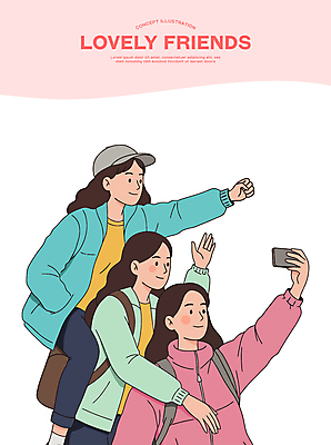 전신 여자 일러스트 미소 들기 상반신 성인 세명 친구 스마트폰 손들기 귀여움 주먹 주머니손 업기 백팩 캡모자 성인여자만 국내일러스트 AI파일 모자_잡화 컨셉 가방 관계 모션 표정 사람 핸드폰 스마트기기 여자만 성인만 파일형식 벡터