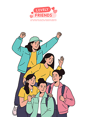 전신 여자 일러스트 미소 여러명 상반신 성인 친구 손들기 귀여움 파이팅 주먹 만세 백팩 캡모자 성인여자만 어깨에손 국내일러스트 AI파일 모자_잡화 다수 컨셉 가방 관계 모션 표정 사람 여자만 성인만 파일형식 벡터