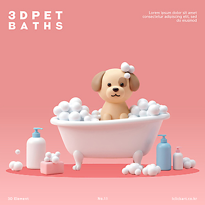 PSD 편집이미지 분홍색 욕조 3D캐릭터 사람없음 3D 목욕 강아지 비누 개캐릭터 비누거품 펫케어 씻겨주기 애견샴푸 편집3D 캐릭터 컬러 동물캐릭터 모션 관리 반려동물 위생용품 청결 거품 개 디지털합성 애견용품 파일형식