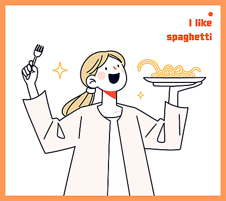 접시 여자 포크 일러스트 스파게티 한명 미소 들기 상반신 성인 반짝임 주황색 성인여자한명만 국내일러스트 AI파일 1 식기 컬러 모션 파스타 표정 사람 여자한명만 성인여자만 파일형식 벡터