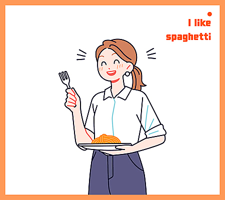 접시 여자 포크 일러스트 스파게티 한명 미소 들기 성인 주황색 성인여자한명만 국내일러스트 AI파일 1 식기 컬러 모션 파스타 표정 사람 여자한명만 성인여자만 파일형식 벡터
