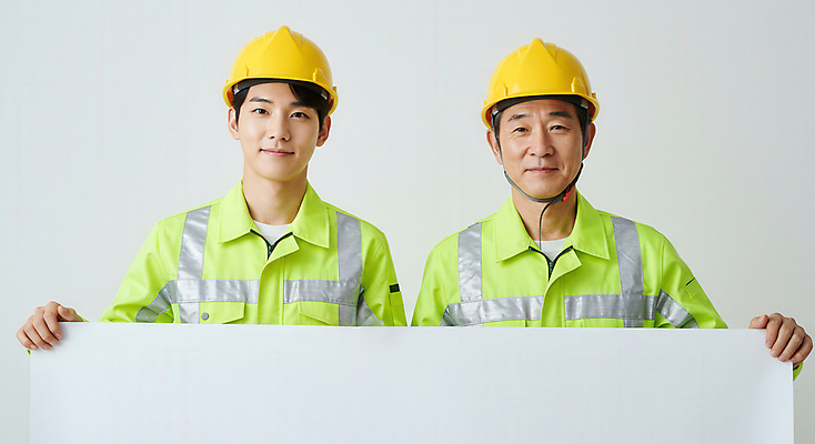 JPG 편집이미지 남자 중년 노동자 미소 들기 상반신 성인 두명 현수막 안전모 안전제일 의료성형뷰티 남자만 편집실사 AI인물포토 AI콘텐츠 직업 모션 표정 사람 헬멧 안전장비 CG 파일형식 AI포토