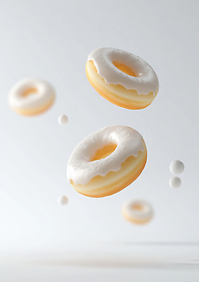 JPG 편집이미지 디저트 사람없음 흰색 떨어짐 링도넛 아이싱 편집실사 AI컴퓨터그래픽 AI콘텐츠 음식 컬러 컨셉 도넛 크림 CG 파일형식