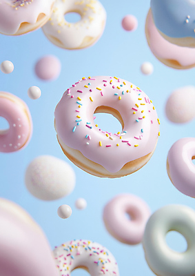 JPG 편집이미지 하늘색 디저트 사람없음 떨어짐 링도넛 스프링클 아이싱 편집실사 AI컴퓨터그래픽 AI콘텐츠 음식 컨셉 장식 파란색 도넛 크림 CG 파일형식