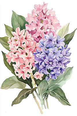 JPG 분홍색 잎 일러스트 수채화 사람없음 히아신스 국내일러스트 AI일러스트 AI콘텐츠 식물 꽃 컬러 파일형식