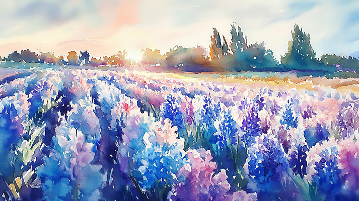 JPG 나무 잎 꽃밭 일러스트 하늘 수채화 사람없음 햇빛 노을 보라색 봄풍경 히아신스 국내일러스트 AI일러스트 AI콘텐츠 자연요소 식물 꽃 컬러 풍경 태양 봄 파일형식