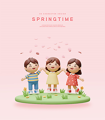 전신 PSD 편집이미지 여자 남자 꽃잎 어린이 분홍색 꽃밭 3D캐릭터 웃음 소녀 소년 잔디 세명 3D 손들기 봄풍경 어린이만 편집3D 식물 캐릭터 꽃 컬러 모션 표정 사람 풍경 봄 디지털합성 파일형식