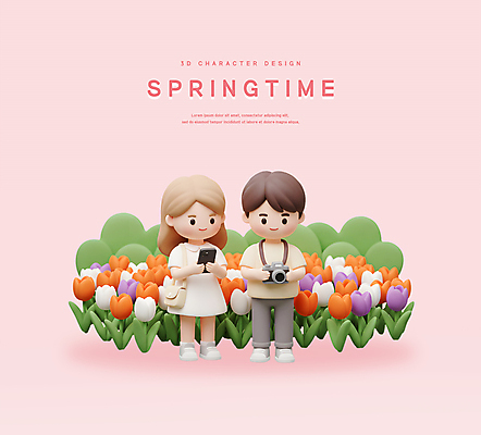 전신 PSD 편집이미지 커플 여자 남자 분홍색 꽃밭 데이트 3D캐릭터 들기 성인 두명 스마트폰 3D 카메라 봄풍경 튤립 풀 크로스백 성인만 편집3D 식물 캐릭터 꽃 컬러 가방 관계 모션 사람 풍경 전자제품 핸드폰 스마트기기 봄 디지털합성 파일형식