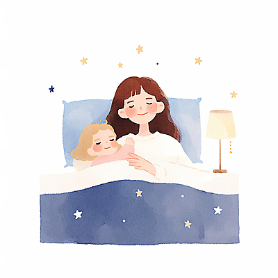 JPG 여자 별 어린이 일러스트 베개 포옹 모녀 수채화 미소 소녀 상반신 성인 두명 귀여움 눈감음 이불 스탠드 여자만 국내일러스트 수면_잠 AI일러스트 AI콘텐츠 자연요소 딸 컨셉 가족 침구 안기 모션 엄마 조명 표정 사람 잠 파일형식