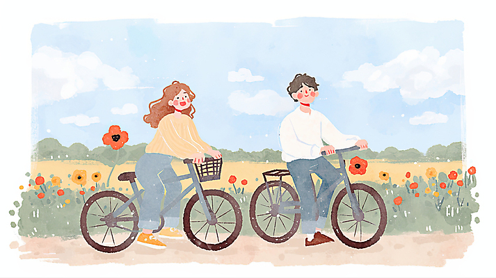 JPG 전신 구름 부부 여자 남자 꽃밭 일러스트 가족 하늘 수채화 미소 성인 야외 두명 귀여움 자전거 잡기 승차 성인만 국내일러스트 AI일러스트 AI콘텐츠 자연요소 커플 꽃 컨셉 관계 모션 표정 사람 바이크 파일형식