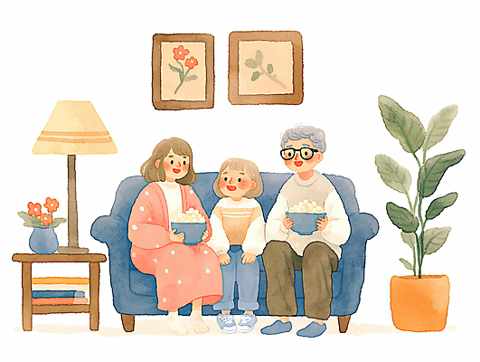 JPG 전신 여자 노년 남자 꽃 화분 어린이 액자 잎 일러스트 가족 탁자 수채화 실내 미소 들기 앉기 소녀 성인 세명 소파 귀여움 스탠드 팝콘 안경낌 국내일러스트 AI일러스트 AI콘텐츠 식물 안경 가구 컨셉 의자 관계 모션 조명 표정 사람 내부 파일형식