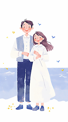 JPG 전신 부부 여자 남자 바다 하늘색 일러스트 가족 수채화 미소 성인 두명 귀여움 새떼 성인만 국내일러스트 AI일러스트 AI콘텐츠 커플 컨셉 관계 조류 표정 사람 파란색 파일형식