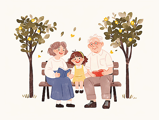 JPG 전신 나무 여자 노년 남자 어린이 벤치 일러스트 가족 나뭇잎 수채화 미소 들기 앉기 소녀 성인 책 세명 귀여움 머리띠 읽기 안경낌 국내일러스트 AI일러스트 AI콘텐츠 식물 안경 컨셉 잎 의자 장신구 관계 모션 표정 사람 파일형식