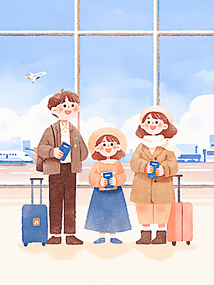JPG 전신 구름 여자 남자 어린이 일러스트 가족 하늘 수채화 가족여행 비행기 미소 들기 소녀 성인 세명 귀여움 캐리어 목도리 공항 여권 모자가게 국내일러스트 AI일러스트 AI콘텐츠 자연요소 잡화 여행 컨셉 관계 항공교통 교통시설 모션 대중교통 표정 사람 상점 여행가방 파일형식