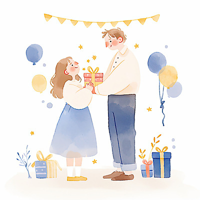 JPG 전신 부부 여자 남자 잎 일러스트 가족 수채화 미소 이벤트 성인 두명 선물상자 반짝임 귀여움 주기 풍선 생일선물 가랜드 성인만 국내일러스트 AI일러스트 AI콘텐츠 식물 커플 컨셉 관계 모션 표정 선물 사람 상자 생일 파티용품 파일형식