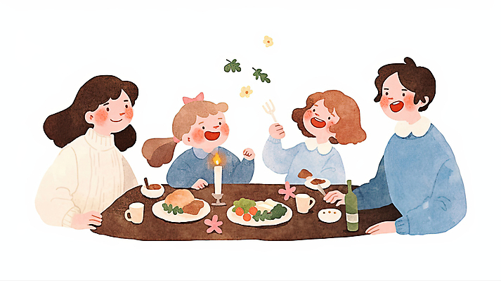 JPG 여자 남자 어린이 포크 잎 일러스트 촛불 가족 수채화 실내 미소 들기 소녀 여러명 상반신 성인 귀여움 머그컵 와인병 촛대 접기 국내일러스트 AI일러스트 AI콘텐츠 식물 식기 다수 컨셉 초 관계 모션 병_용기 표정 사람 내부 컵 와인 파일형식