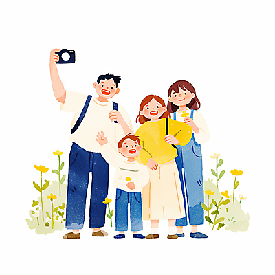 JPG 전신 여자 남자 어린이 꽃밭 가방 일러스트 가족 청소년 수채화 가족여행 미소 들기 소년 여러명 성인 야외 손들기 카메라 귀여움 잡기 국내일러스트 AI일러스트 AI콘텐츠 잡화 꽃 여행 다수 컨셉 관계 모션 표정 사람 전자제품 파일형식