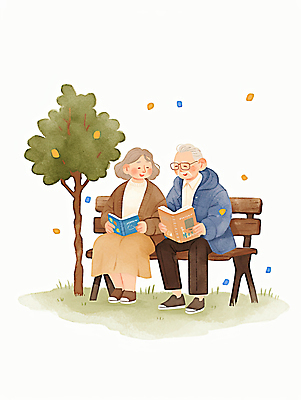 JPG 나무 여자 노년 남자 벤치 일러스트 가족 수채화 미소 들기 잔디 두명 책 귀여움 노부부 읽기 노인만 안경낌 국내일러스트 AI일러스트 AI콘텐츠 식물 부부 안경 컨셉 의자 관계 모션 표정 사람 성인 성인만 파일형식