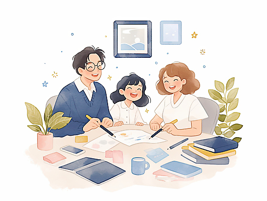 JPG 여자 남자 화분 종이 어린이 액자 잎 의자 일러스트 가족 수채화 실내 미소 들기 앉기 소녀 상반신 성인 책 세명 반짝임 스마트폰 펜 귀여움 머그컵 안경낌 국내일러스트 AI일러스트 AI콘텐츠 식물 안경 가구 컨셉 관계 모션 표정 사람 내부 컵 핸드폰 스마트기기 필기구 파일형식