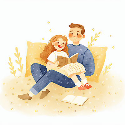 JPG 전신 여자 남자 어린이 잎 일러스트 베개 수채화 미소 들기 앉기 소녀 잔디 성인 두명 책 반짝임 독서 노란색 귀여움 기댐 부녀 국내일러스트 AI일러스트 AI콘텐츠 식물 딸 컬러 컨셉 가족 침구 모션 표정 사람 아빠 파일형식