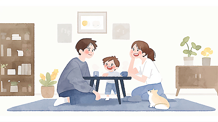 JPG 여자 남자 꽃 화분 어린이 액자 일러스트 가족 탁자 수채화 실내 서기 미소 앉기 소년 성인 세명 귀여움 턱괴기 카펫 풀 강아지 책상 서랍장 국내일러스트 AI일러스트 AI콘텐츠 식물 가구 컨셉 관계 모션 표정 사람 내부 반려동물 개 파일형식