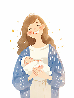 JPG 여자 일러스트 안기 엄마 수채화 웃음 상반신 성인 두명 반짝임 귀여움 아기 포대기 국내일러스트 AI일러스트 AI콘텐츠 컨셉 가족 모션 표정 사람 아기용품 파일형식