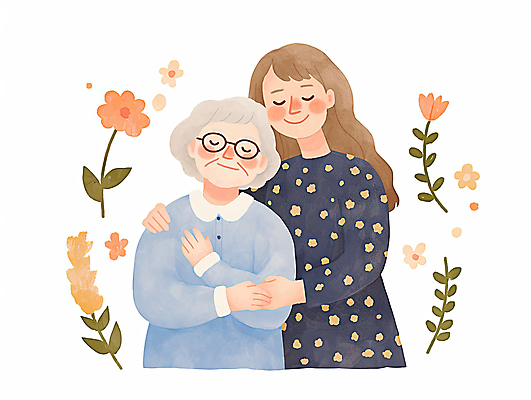 JPG 여자 노년 꽃 잎 일러스트 모녀 수채화 미소 상반신 성인 두명 손들기 귀여움 눈감음 손잡기 여자만 안경낌 어깨에손 국내일러스트 AI일러스트 AI콘텐츠 식물 딸 안경 컨셉 가족 모션 엄마 표정 사람 파일형식