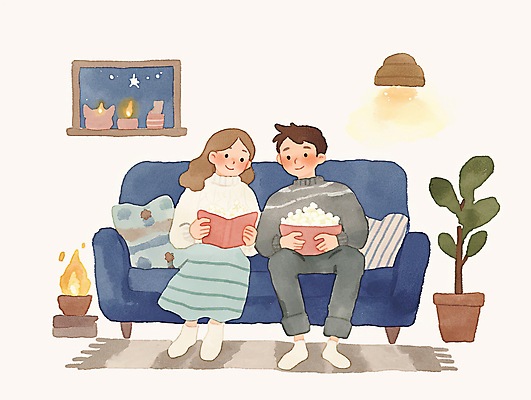 JPG 전신 부부 여자 남자 화분 액자 쿠션 잎 일러스트 촛불 가족 조명 수채화 선반 실내 미소 들기 앉기 성인 두명 책 소파 귀여움 카펫 읽기 팝콘 성인만 국내일러스트 AI일러스트 AI콘텐츠 식물 커플 가구 컨셉 의자 초 관계 모션 표정 사람 내부 파일형식