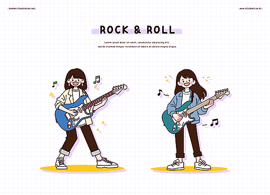 전신 여자 연주 음표 일러스트 노래 미소 들기 성인 두명 반짝임 밴드 일렉기타 기타리스트 락 성인여자만 무릎구부리기 국내일러스트 일러캐릭터 AI파일 캐릭터 기호 음악 포즈 모션 표정 사람 연주자 기타 로큰롤 여자만 성인만 파일형식 벡터