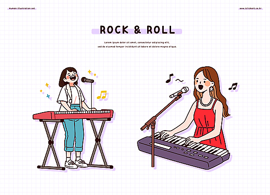 전신 여자 연주 음표 일러스트 노래 미소 들기 상반신 성인 두명 반짝임 눈감음 밴드 스탠드마이크 피아니스트 락 전자피아노 성인여자만 국내일러스트 일러캐릭터 AI파일 캐릭터 기호 음악 모션 표정 사람 연주자 피아노 마이크 로큰롤 여자만 성인만 파일형식 벡터