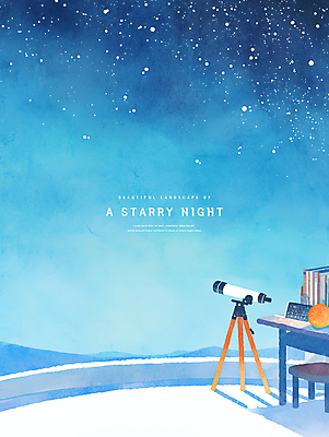 PSD 야경 의자 일러스트 밤하늘 수채화 사람없음 책 파란색 옥상 책상 감성 천체망원경 행성모형 국내일러스트 컬러 가구 컨셉 하늘 모형 망원경 야간 파일형식 풍경_경치