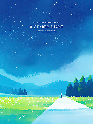 전신 PSD 나무 길 야경 일러스트 밤하늘 수채화 산 한명 사람 잔디 파란색 감성 국내일러스트 식물 1 컬러 컨셉 하늘 야간 파일형식 풍경_경치