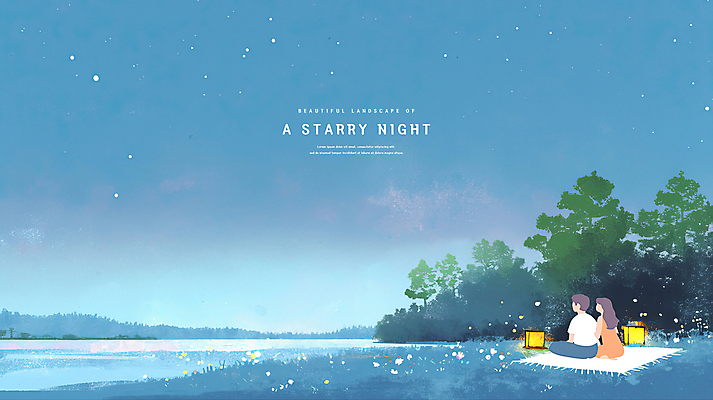 전신 PSD 나무 커플 여자 남자 야경 일러스트 밤하늘 수채화 산 앉기 성인 두명 파란색 등불 물가 돗자리 감성 성인만 국내일러스트 식물 컬러 컨셉 관계 모션 하늘 조명 사람 풍경 야간 파일형식 풍경_경치