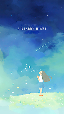 전신 PSD 여자 어린이 야경 일러스트 밤하늘 수채화 한명 소녀 파란색 올려보기 기도 유성 감성 손모으기 소녀한명만 국내일러스트 1 컬러 컨셉 모션 하늘 사람 손짓 야간 여자한명만 소녀만 파일형식 풍경_경치