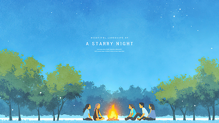 전신 PSD 나무 여자 남자 야경 일러스트 밤하늘 수채화 앉기 여러명 성인 파란색 숲 모닥불 감성 성인만 국내일러스트 식물 컬러 다수 컨셉 모션 하늘 불 사람 야간 파일형식 풍경_경치