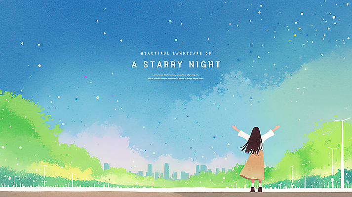 전신 PSD 나무 여자 야경 가로등 일러스트 밤하늘 팔벌리기 수채화 한명 성인 파란색 감성 성인여자한명만 국내일러스트 식물 1 공공시설 컬러 컨셉 모션 하늘 사람 야간 여자한명만 성인여자만 파일형식 풍경_경치