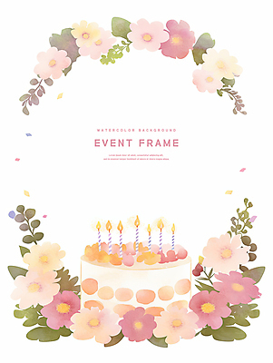 PSD 분홍색 잎 일러스트 수채화 이벤트 사람없음 생일케이크 꽃가루 생일초 꽃프레임 국내일러스트 식물 꽃 컬러 초 프레임 케이크 가루 파일형식