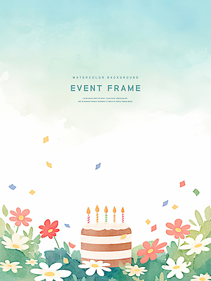 PSD 하늘색 잎 꽃밭 일러스트 하늘 수채화 이벤트 사람없음 생일케이크 꽃가루 생일초 국내일러스트 식물 꽃 초 파란색 케이크 가루 파일형식