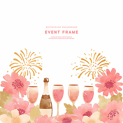 PSD 꽃 분홍색 잎 일러스트 수채화 불꽃놀이 이벤트 사람없음 샴페인잔 샴페인병 국내일러스트 식물 컬러 술잔 놀이 술병 샴페인 파일형식