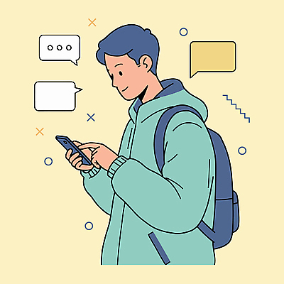 남자 말풍선 일러스트 한명 미소 들기 상반신 성인 스마트폰 노란색 누름 백팩 소통 성인남자한명만 국내일러스트 AI파일 1 컬러 컨셉 가방 모션 표정 사람 핸드폰 스마트기기 남자한명만 성인남자만 파일형식 벡터