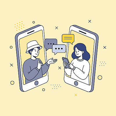 모자 여자 남자 말풍선 일러스트 미소 들기 상반신 성인 두명 스마트폰 노란색 손들기 소통 성인만 국내일러스트 AI파일 잡화 컬러 컨셉 모션 표정 사람 핸드폰 스마트기기 파일형식 벡터