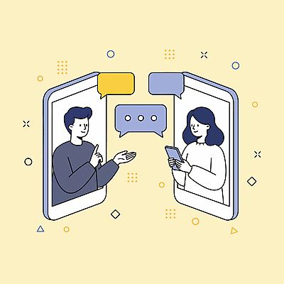여자 남자 말풍선 일러스트 미소 들기 상반신 성인 두명 스마트폰 노란색 가리킴 소통 성인만 국내일러스트 AI파일 컬러 컨셉 모션 표정 사람 손짓 핸드폰 스마트기기 파일형식 벡터