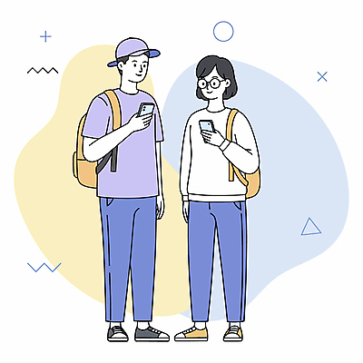 전신 여자 남자 일러스트 미소 성인 두명 노란색 백팩 소통 캡모자 성인만 안경낌 국내일러스트 AI파일 모자_잡화 안경 컬러 컨셉 가방 표정 사람 파일형식 벡터